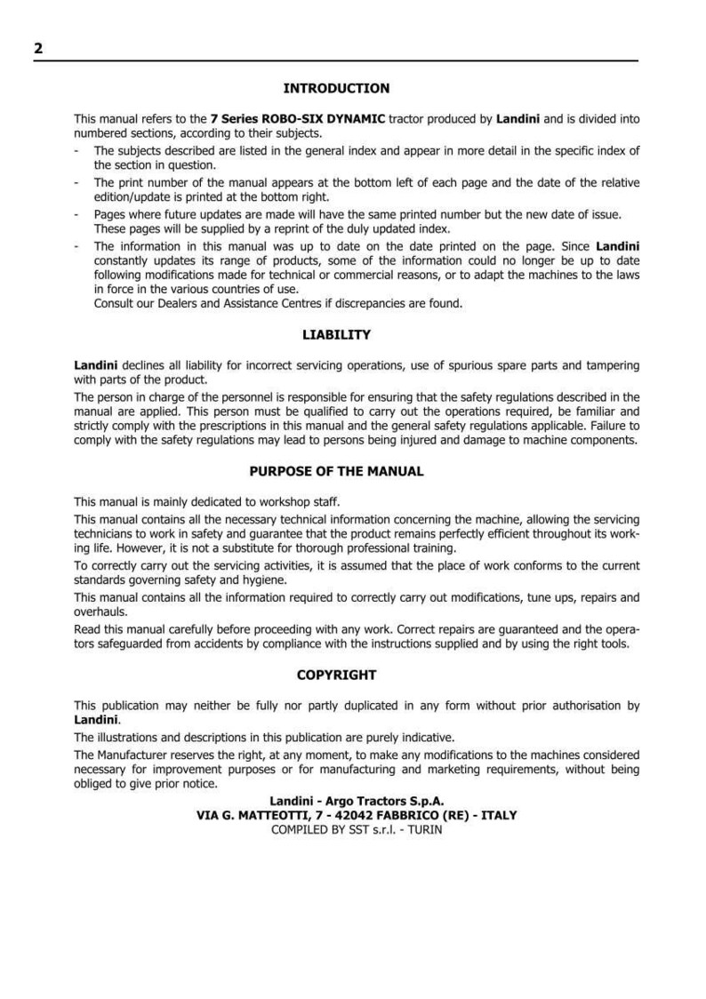 May include: A printed manual page with the title "INTRODUCTION" and text describing the 7 Series ROBO-SIX DYNAMIC tractor by Landini. The page includes sections on liability, purpose, and copyright information.
