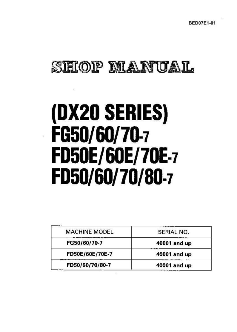 May include: A white shop manual with the text "SHOP MANUAL" in a decorative font. Below, the text reads "(DX20 SERIES) FG50/60/70-7 FD50E/60E/70E-7 FD50/60/70/80-7". A table lists machine models and serial numbers.