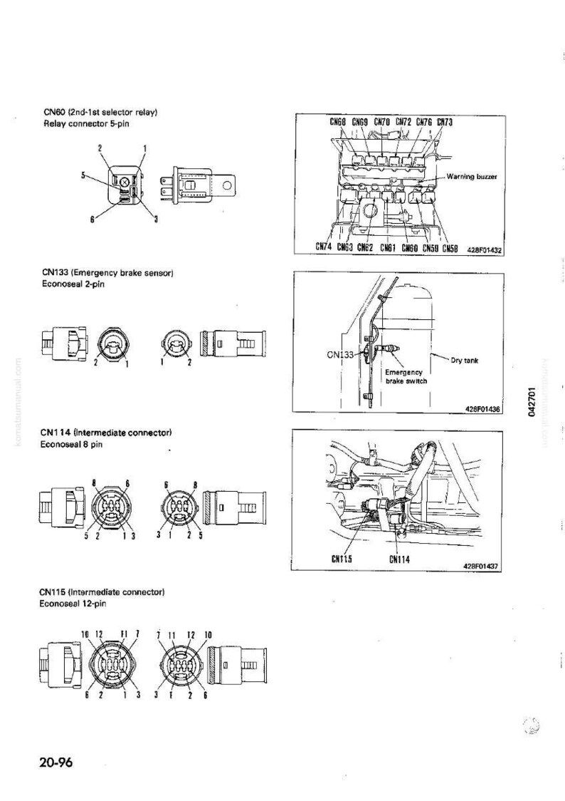 Op de afbeelding: Diagram van elektrische componenten voor auto's, inclusief connectoren, relais en sensoren. De afbeelding toont gedetailleerde illustraties van verschillende onderdelen, zoals de noodremsensor en tussenconnectoren, met labels en pinconfiguraties.