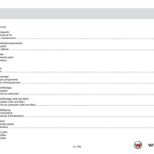 May include: A detailed table of contents page from a Weidemann manual, featuring a list of service and engine components. The text is in English, German, and French, with page numbers and a company logo.