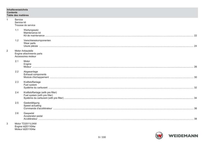 May include: A detailed table of contents page from a Weidemann manual, featuring a list of service and engine components. The text is in English, German, and French, with page numbers and a company logo.