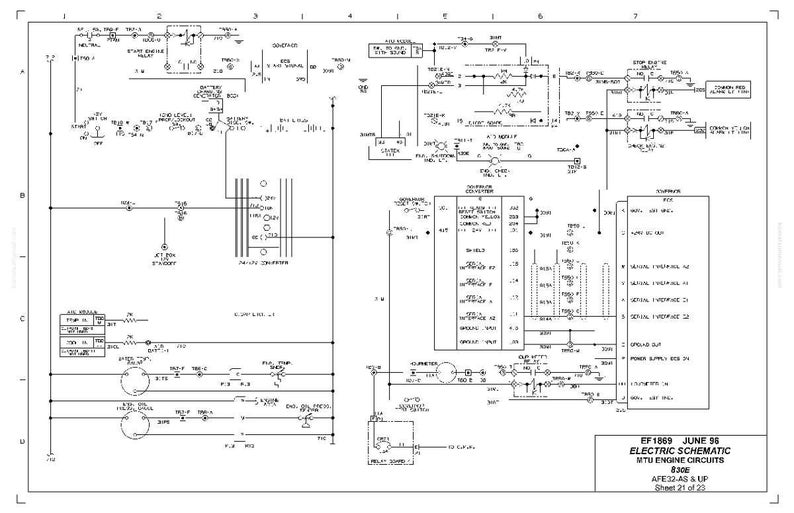 K&ouml;nnte beinhalten: Ein detailliertes elektrisches Schaltbild, in Schwarzwei&szlig;, mit zahlreichen Linien, Symbolen und Textbeschriftungen. Das Diagramm enth&auml;lt den Text "EF1869 JUNE 96 ELECTRIC SCHEMATIC MTU ENGINE CIRCUITS 8300 AFE32-AS & UP Sheet 21 of 23".