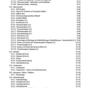 Może przedstawiać: Szczeg&oacute;łowy spis treści w języku niemieckim, wymieniający r&oacute;żne tematy techniczne z odpowiednimi numerami stron. Tematy obejmują komponenty silnika, czujniki i układy hydrauliczne. Dokument prawdopodobnie pochodzi z instrukcji technicznej.
