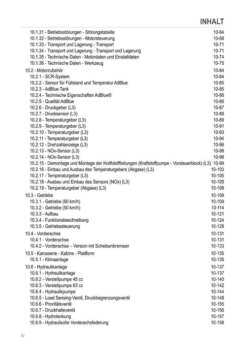 Może przedstawiać: Szczeg&oacute;łowy spis treści w języku niemieckim, wymieniający r&oacute;żne tematy techniczne z odpowiednimi numerami stron. Tematy obejmują komponenty silnika, czujniki i układy hydrauliczne. Dokument prawdopodobnie pochodzi z instrukcji technicznej.