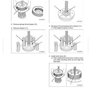 May include: Diagram of a steering clutch assembly with numbered steps for disassembly and assembly. Includes illustrations of components like the clutch drum, springs, pipes, and retainer, with measurements in millimeters.