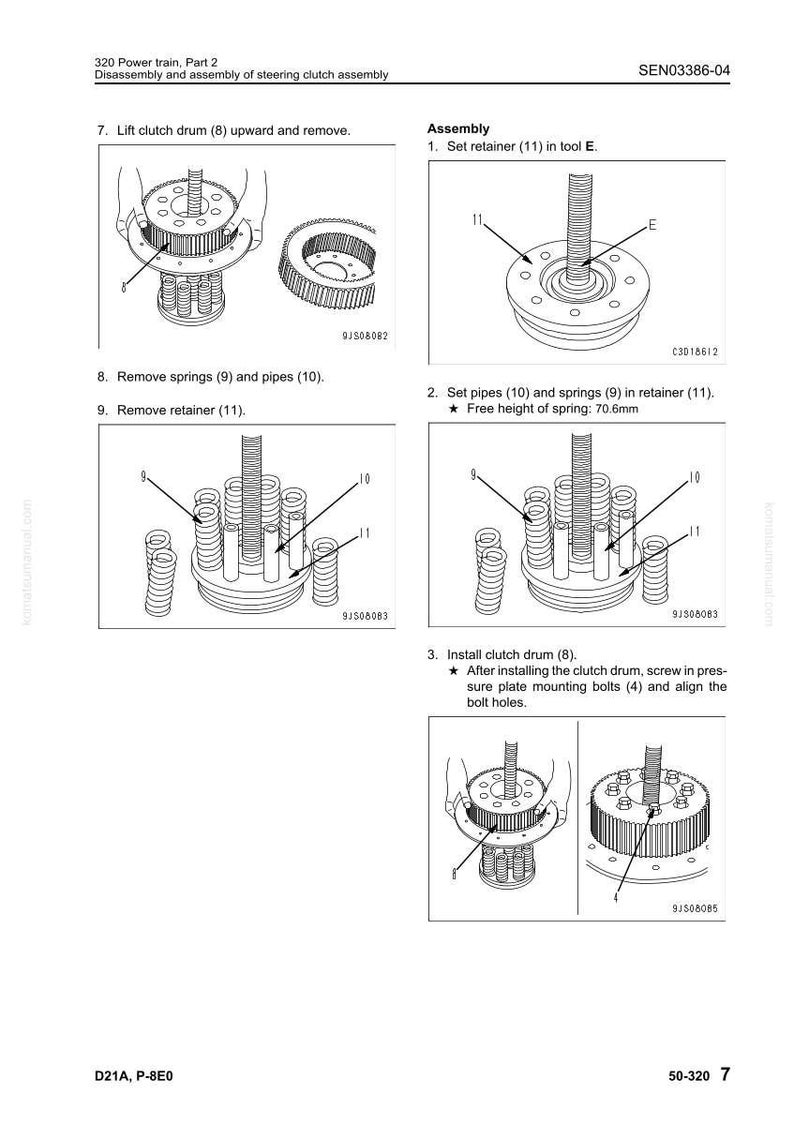 May include: Diagram of a steering clutch assembly with numbered steps for disassembly and assembly. Includes illustrations of components like the clutch drum, springs, pipes, and retainer, with measurements in millimeters.
