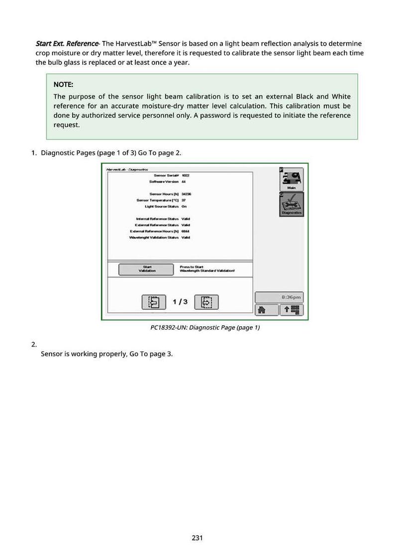 Puede incluir: Una p&aacute;gina de diagn&oacute;stico de un sensor HarvestLab, que muestra informaci&oacute;n del sensor y opciones de calibraci&oacute;n. La pantalla muestra varias lecturas y botones de validaci&oacute;n. El texto incluye "Diagnostic Pages" y "PC18392-UN".