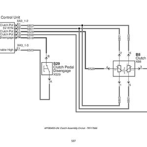 Peut inclure: Sch&eacute;ma technique d'un circuit d'embrayage, comprenant une unit&eacute; de contr&ocirc;le de transmission, des potentiom&egrave;tres d'embrayage et un composant de d&eacute;brayage de la p&eacute;dale d'embrayage. Le sch&eacute;ma comprend des lignes et des composants &eacute;tiquet&eacute;s, avec du texte tel que "Trans Enable High" et "Clutch Pot".