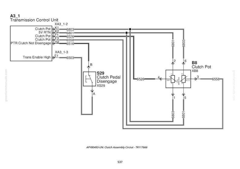 Peut inclure: Sch&eacute;ma technique d'un circuit d'embrayage, comprenant une unit&eacute; de contr&ocirc;le de transmission, des potentiom&egrave;tres d'embrayage et un composant de d&eacute;brayage de la p&eacute;dale d'embrayage. Le sch&eacute;ma comprend des lignes et des composants &eacute;tiquet&eacute;s, avec du texte tel que "Trans Enable High" et "Clutch Pot".