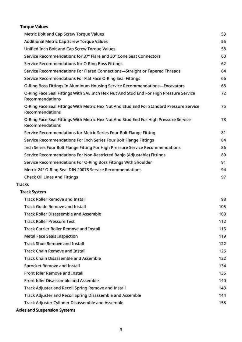 May include: A detailed table of contents from a manual, listing torque values, service recommendations, and track system procedures. The text is in black font on a white background, with page numbers on the right.