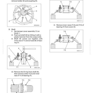Pu&ograve; includere: Diagramma che illustra lo smontaggio e il montaggio di un gruppo ammortizzatore. L'immagine include illustrazioni dettagliate di vari componenti, tra cui bulloni, coperchi, alberi e cuscinetti, con etichette e riferimenti numerati.