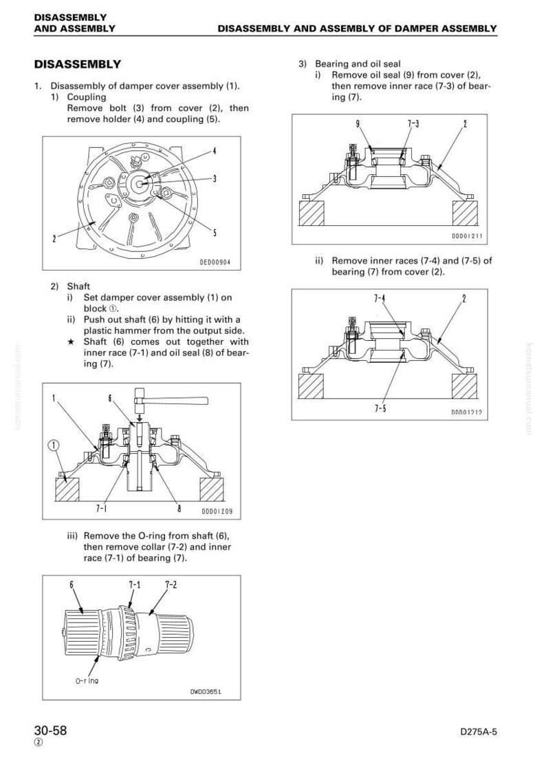 Pu&ograve; includere: Diagramma che illustra lo smontaggio e il montaggio di un gruppo ammortizzatore. L'immagine include illustrazioni dettagliate di vari componenti, tra cui bulloni, coperchi, alberi e cuscinetti, con etichette e riferimenti numerati.