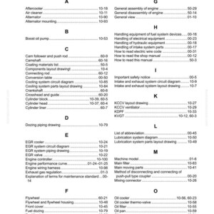 May include: Index page from a manual, listing various engine components and related topics. The table of contents includes sections on cooling systems, fuel systems, and electrical components, with page numbers for easy reference.