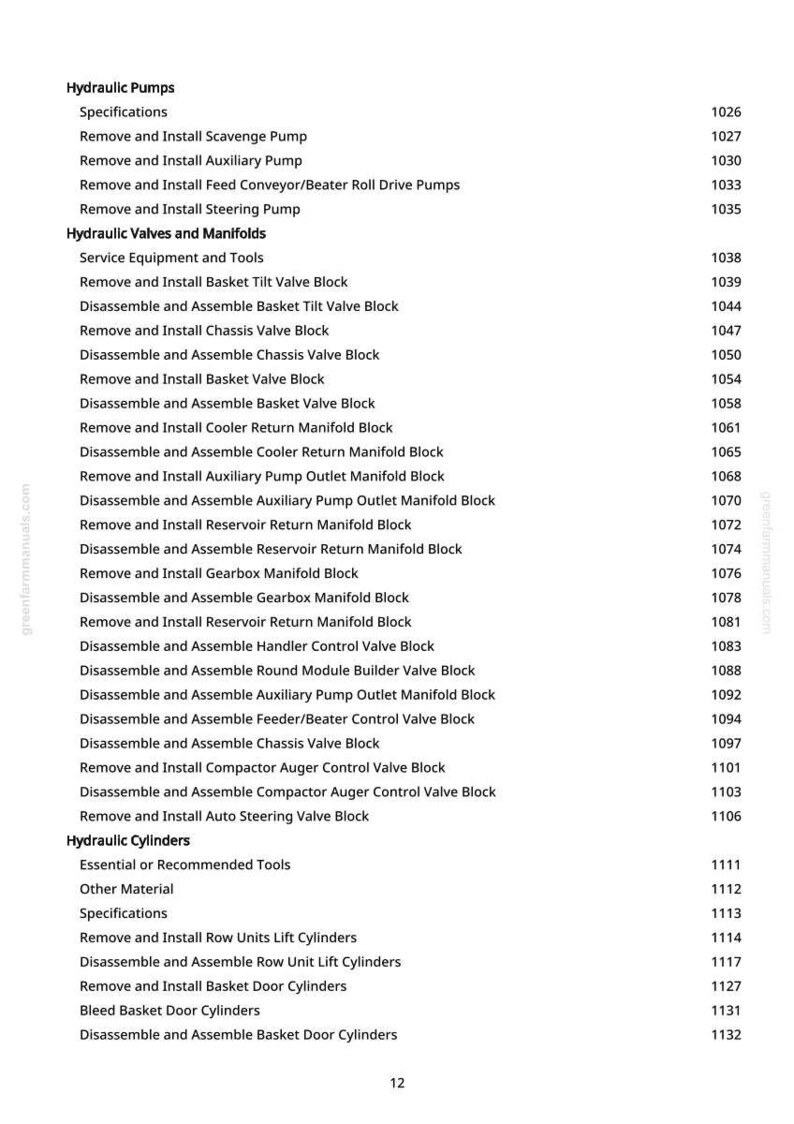 May include: A manual page detailing hydraulic pump specifications, including removal, installation, and assembly instructions for valves, manifolds, and cylinders. The text is in black font.