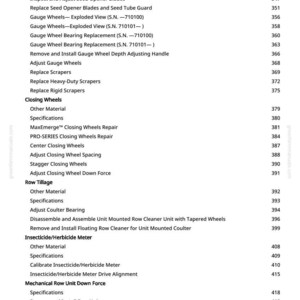 May include: A detailed exploded view diagram from a manual, listing parts and procedures for agricultural equipment. The text includes terms like "Gauge Wheels," "Seed Opener Blades," and "Insecticide Meter," with page numbers.
