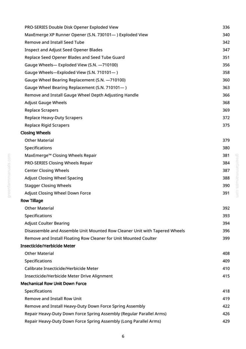 May include: A detailed exploded view diagram from a manual, listing parts and procedures for agricultural equipment. The text includes terms like "Gauge Wheels," "Seed Opener Blades," and "Insecticide Meter," with page numbers.