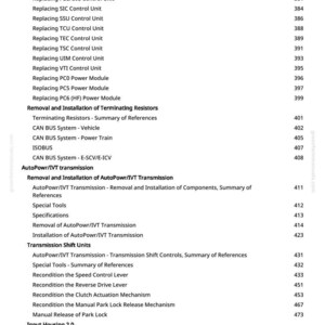 May include: A detailed contents page from a manual, covering automotive repair topics. The text includes sections on control units, power modules, transmission systems, and related components. Page numbers are listed on the right.