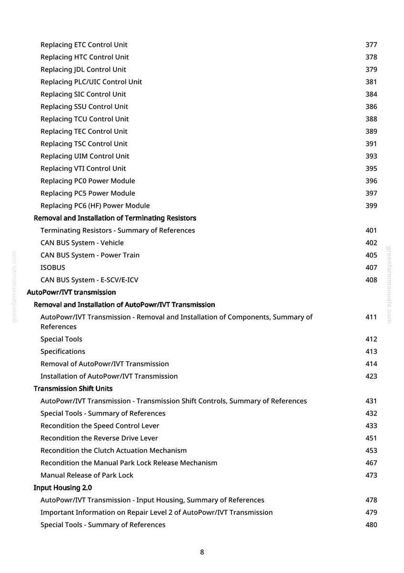 May include: A detailed contents page from a manual, covering automotive repair topics. The text includes sections on control units, power modules, transmission systems, and related components. Page numbers are listed on the right.