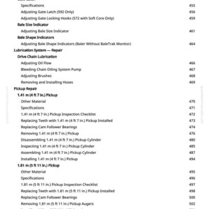 Op de afbeelding: Een pagina uit een handleiding met een inhoudsopgave van verschillende reparatie- en onderhoudsprocedures. De tekst bevat secties over grendels en pick-up reparatie, met metingen in meters.