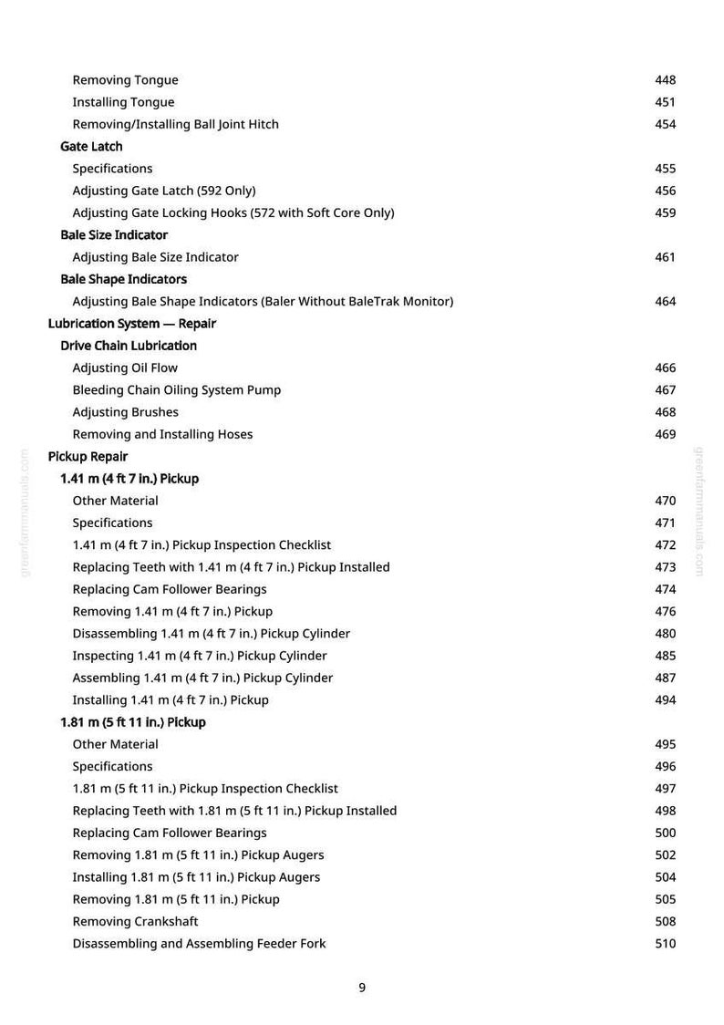 Op de afbeelding: Een pagina uit een handleiding met een inhoudsopgave van verschillende reparatie- en onderhoudsprocedures. De tekst bevat secties over grendels en pick-up reparatie, met metingen in meters.