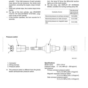 Puede incluir: Diagrama t&eacute;cnico de un sistema de parada por carga anormal, que incluye un presostato, un conector y un mazo de cables. Especificaciones que incluyen el nombre del modelo, el rango de presi&oacute;n y la presi&oacute;n de ajuste.