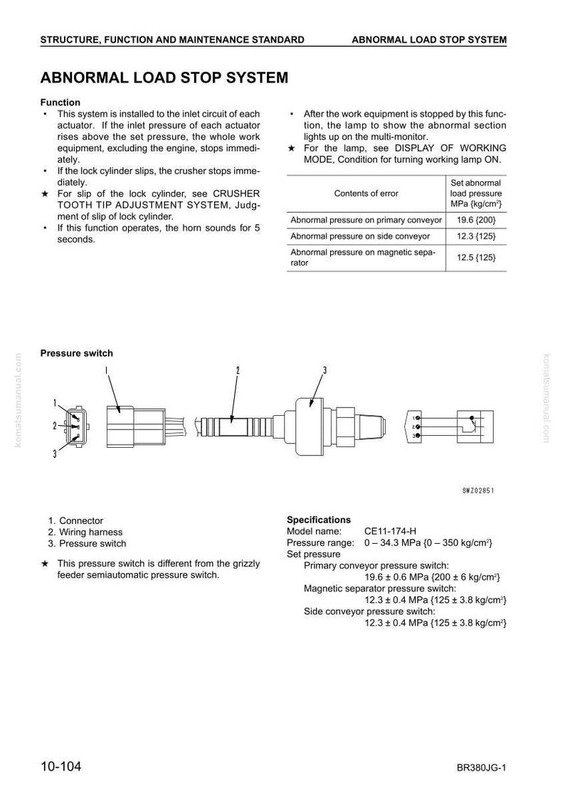 Puede incluir: Diagrama t&eacute;cnico de un sistema de parada por carga anormal, que incluye un presostato, un conector y un mazo de cables. Especificaciones que incluyen el nombre del modelo, el rango de presi&oacute;n y la presi&oacute;n de ajuste.