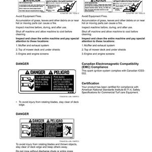 Puede incluir: Una p&aacute;gina de etiquetas de seguridad con texto en ingl&eacute;s y espa&ntilde;ol. Las etiquetas advierten sobre los riesgos de incendio y los peligros de las cuchillas giratorias. Incluye instrucciones de mantenimiento e informaci&oacute;n de cumplimiento.