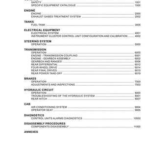 May include: A detailed table of contents from ARGO Tractors, listing sections and page numbers. The document covers topics like engine, electrical systems, transmission, brakes, and hydraulic circuits. The document is dated April 2023.
