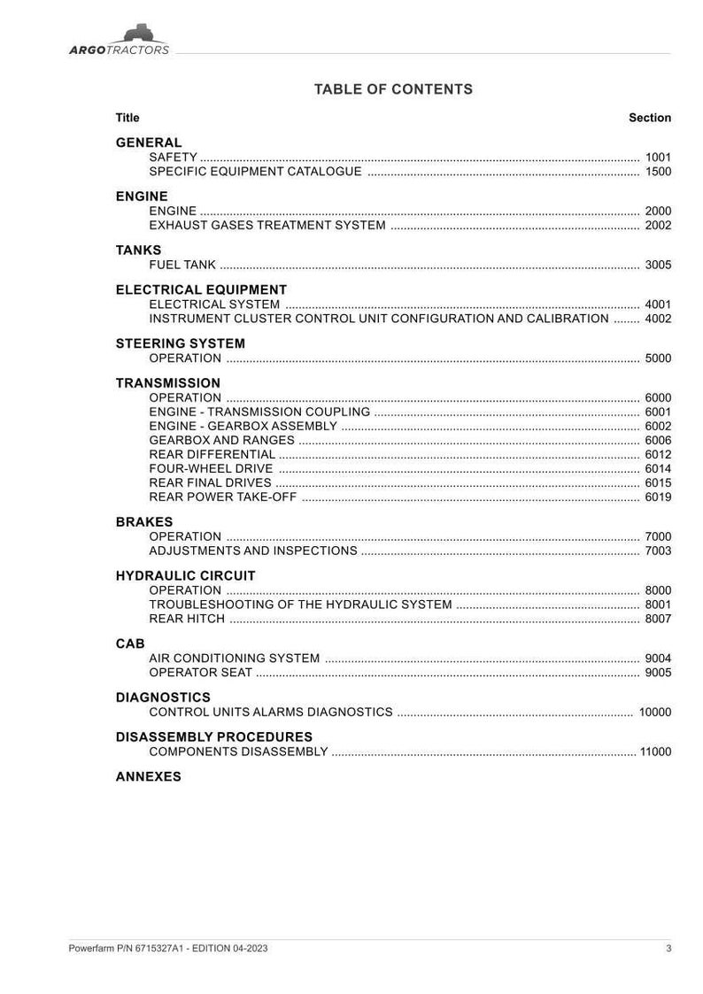 May include: A detailed table of contents from ARGO Tractors, listing sections and page numbers. The document covers topics like engine, electrical systems, transmission, brakes, and hydraulic circuits. The document is dated April 2023.