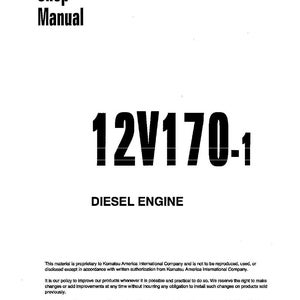 以下が含まれることがあります： 上部に「Shop Manual」というテキストが入った白いショップマニュアル。マニュアルには太字の「12V170-1」と「DIESEL ENGINE」が記載されています。このドキュメントには、Komatsu America International Companyからの著作権情報が含まれています。