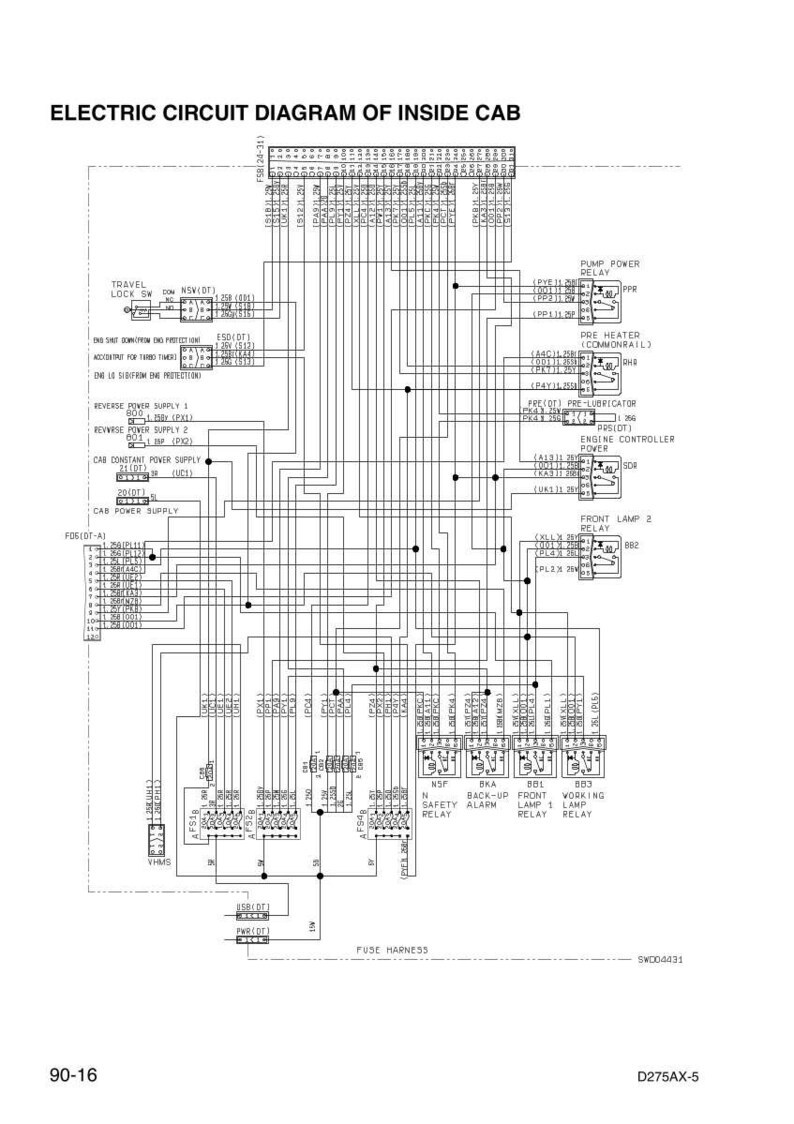 May include: An electric circuit diagram of the inside cab, with text labels and a complex network of lines and symbols. The diagram includes labels for relays, power supplies, and other electrical components. The title "ELECTRIC CIRCUIT DIAGRAM OF INSIDE CAB" is at the top.