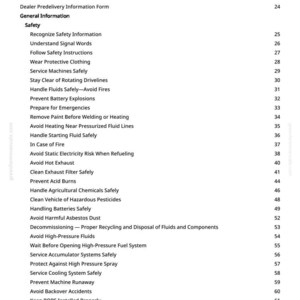 May include: A printed page with a table of contents from a manual. The title "Table of Contents" is at the top, followed by a list of safety topics, including "Wear Protective Clothing" and "Prevent Battery Explosions."