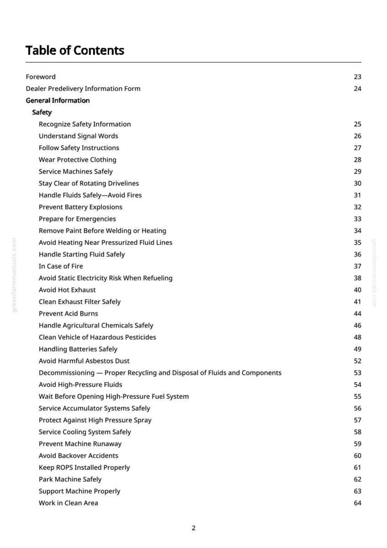 May include: A printed page with a table of contents from a manual. The title "Table of Contents" is at the top, followed by a list of safety topics, including "Wear Protective Clothing" and "Prevent Battery Explosions."