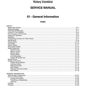 May include: A service manual for a Massey Ferguson Rotary Combine, models 9695, 9795, and 9895. The cover displays the title and a detailed index of topics, including safety, maintenance, and general information.