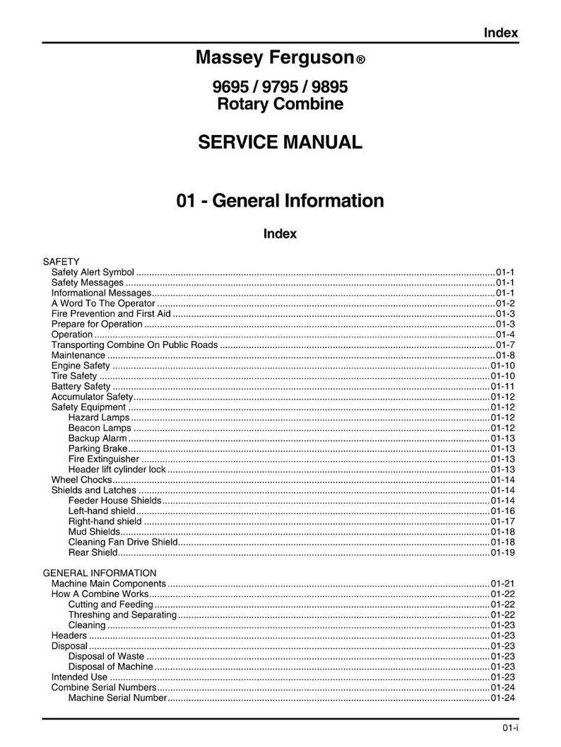May include: A service manual for a Massey Ferguson Rotary Combine, models 9695, 9795, and 9895. The cover displays the title and a detailed index of topics, including safety, maintenance, and general information.