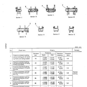 Pode incluir: Diagrama t&eacute;cnico com ilustra&ccedil;&otilde;es de componentes mec&acirc;nicos, rotulados Sec&ccedil;&atilde;o J a Q. Uma tabela detalha as medi&ccedil;&otilde;es de folgas entre buchas e pinos de liga&ccedil;&atilde;o, com tamanhos e toler&acirc;ncias padr&atilde;o em mm.