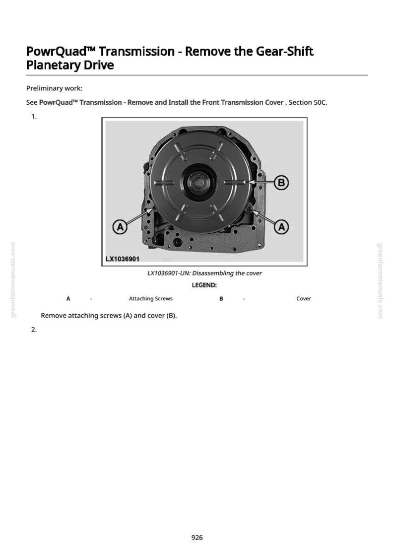 May include: Diagram from a PowrQuad Transmission manual, showing the removal of the gear-shift planetary drive. The image includes a detailed view of the transmission cover, attaching screws, and labels for disassembly.