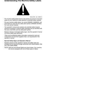 K&ouml;nnte beinhalten: Eine wei&szlig;e Seite mit dem Text "Safety Labels-Text" und "Understanding The Machine Safety Labels". Ein Ausrufezeichen in einem schwarzen Dreieck wird angezeigt. Der Text erkl&auml;rt Sicherheitskennzeichnungen und ihre Bedeutung.