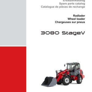 May include: A brochure cover featuring a red and gray wheel loader, model 3080 StageV, with the Weidemann logo. Text includes "Spare parts catalog" and "Wheel loader."