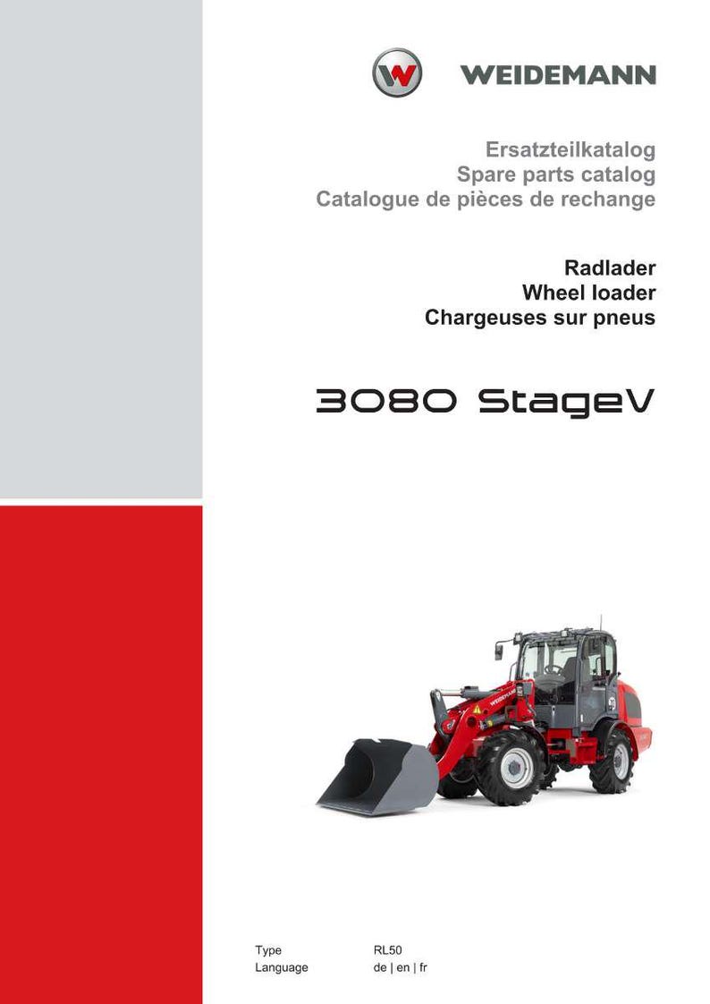 May include: A brochure cover featuring a red and gray wheel loader, model 3080 StageV, with the Weidemann logo. Text includes "Spare parts catalog" and "Wheel loader."