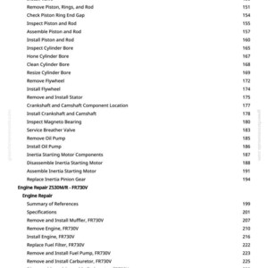 May include: A page from a manual with a list of engine repair procedures, including removing and installing various components. The text is in black font on a white background, with page numbers on the right.