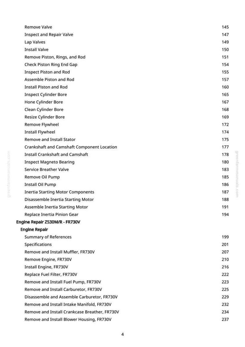 May include: A page from a manual with a list of engine repair procedures, including removing and installing various components. The text is in black font on a white background, with page numbers on the right.