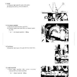 May include: A page from a manual detailing the disassembly and assembly of a cylinder head. The image includes diagrams of engine components, with labels and measurements in kilograms. Text includes instructions for removing parts like the hood and air cleaner assembly.