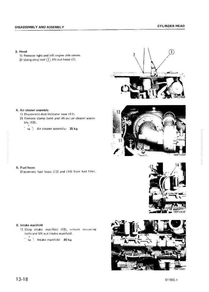 May include: A page from a manual detailing the disassembly and assembly of a cylinder head. The image includes diagrams of engine components, with labels and measurements in kilograms. Text includes instructions for removing parts like the hood and air cleaner assembly.