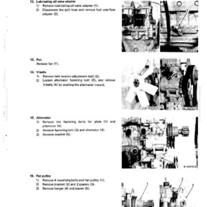 May include: A page from a manual detailing the disassembly and assembly of engine components. The text includes instructions for removing parts like the lubricating oil valve adapter, fan, V-belts, alternator, and fan pulley. The page is illustrated with diagrams.