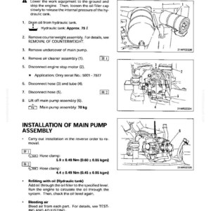 Pode incluir: Diagrama t&eacute;cnico da montagem da bomba principal, com instru&ccedil;&otilde;es de desmontagem e instala&ccedil;&atilde;o. Inclui ilustra&ccedil;&otilde;es de componentes, bra&ccedil;adeiras e especifica&ccedil;&otilde;es de torque em Newton-metros e quilograma-metros. O reservat&oacute;rio hidr&aacute;ulico tem capacidade aproximada de 75 litros.