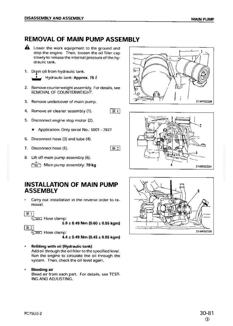 Pode incluir: Diagrama t&eacute;cnico da montagem da bomba principal, com instru&ccedil;&otilde;es de desmontagem e instala&ccedil;&atilde;o. Inclui ilustra&ccedil;&otilde;es de componentes, bra&ccedil;adeiras e especifica&ccedil;&otilde;es de torque em Newton-metros e quilograma-metros. O reservat&oacute;rio hidr&aacute;ulico tem capacidade aproximada de 75 litros.