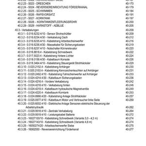 May include: A detailed table of contents in black text on a white background. The document lists various components and their corresponding page numbers, including "HASPEL," "STROHH&Auml;CKSLER," and "KORNVERLUST SIEBE." The page numbers range from 40-152 to 40-277.