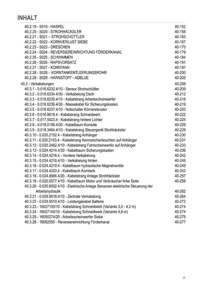 May include: A detailed table of contents in black text on a white background. The document lists various components and their corresponding page numbers, including "HASPEL," "STROHH&Auml;CKSLER," and "KORNVERLUST SIEBE." The page numbers range from 40-152 to 40-277.
