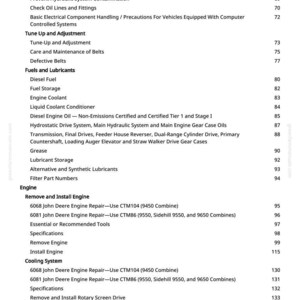 Puede incluir: P&aacute;gina de un manual con fondo blanco, que presenta un &iacute;ndice. Los temas incluyen &laquo;Refrigerante del motor&raquo;, &laquo;Combustible di&eacute;sel&raquo; y &laquo;Retirar e instalar el motor&raquo;. Los n&uacute;meros de p&aacute;gina se enumeran a la derecha.